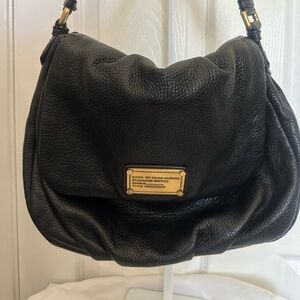 Marc Jacob’s Soft Black Leather Shoulder Bag with Gold Plaque